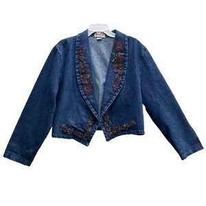 VTG Wanted Cropped Denim Jacket Women's XL Floral Cottage Cowgirl Retro Boho USA